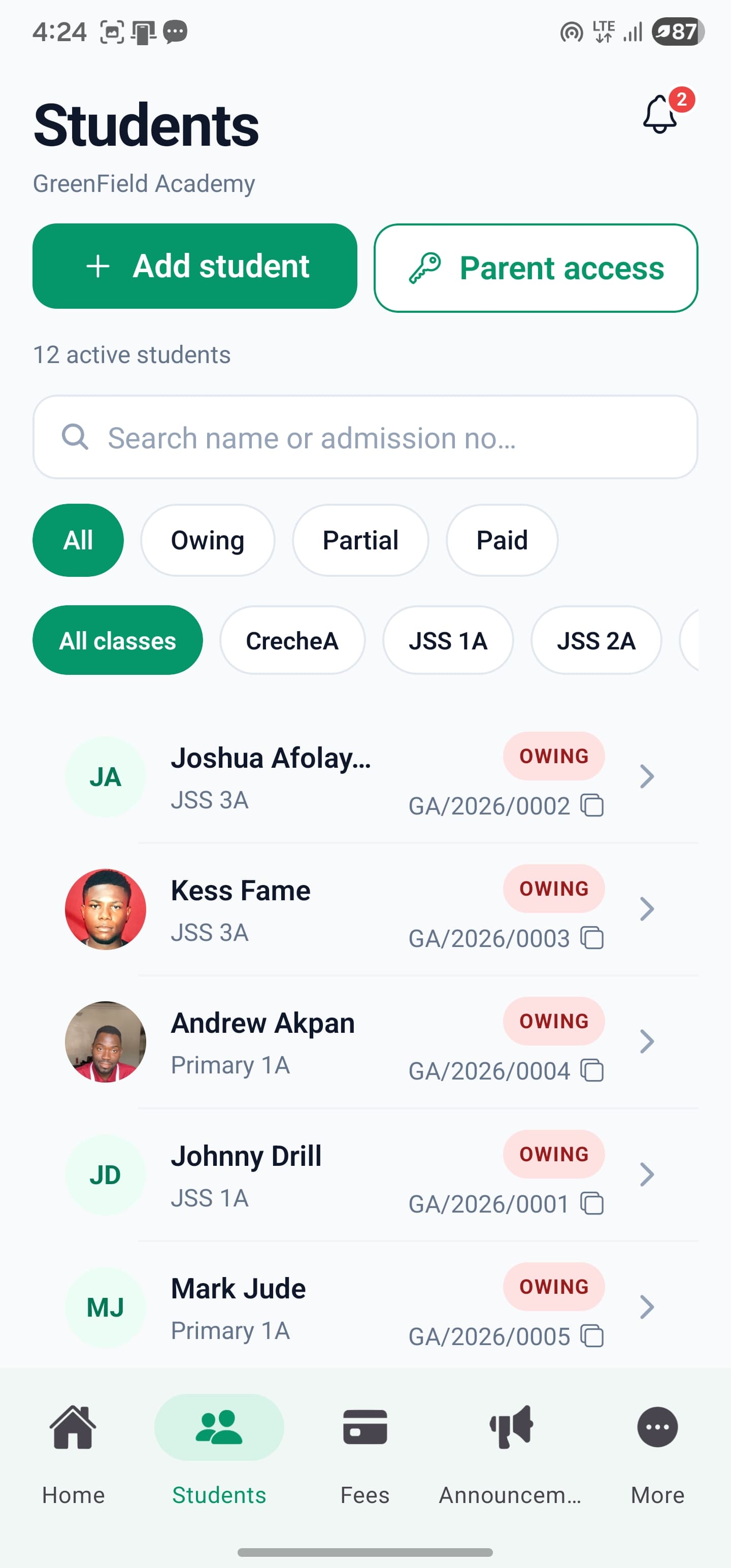 SkoolDrive student management screen with student search, class filters and parent access