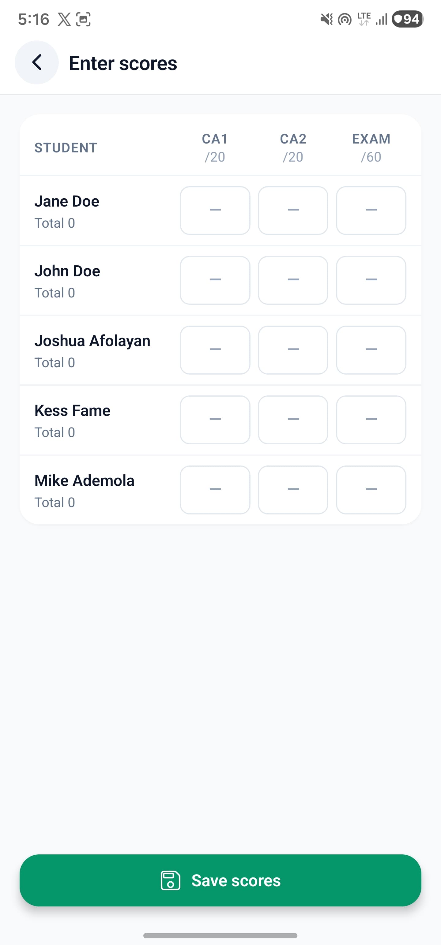 SkoolDrive teacher entering continuous assessment and exam scores on a phone