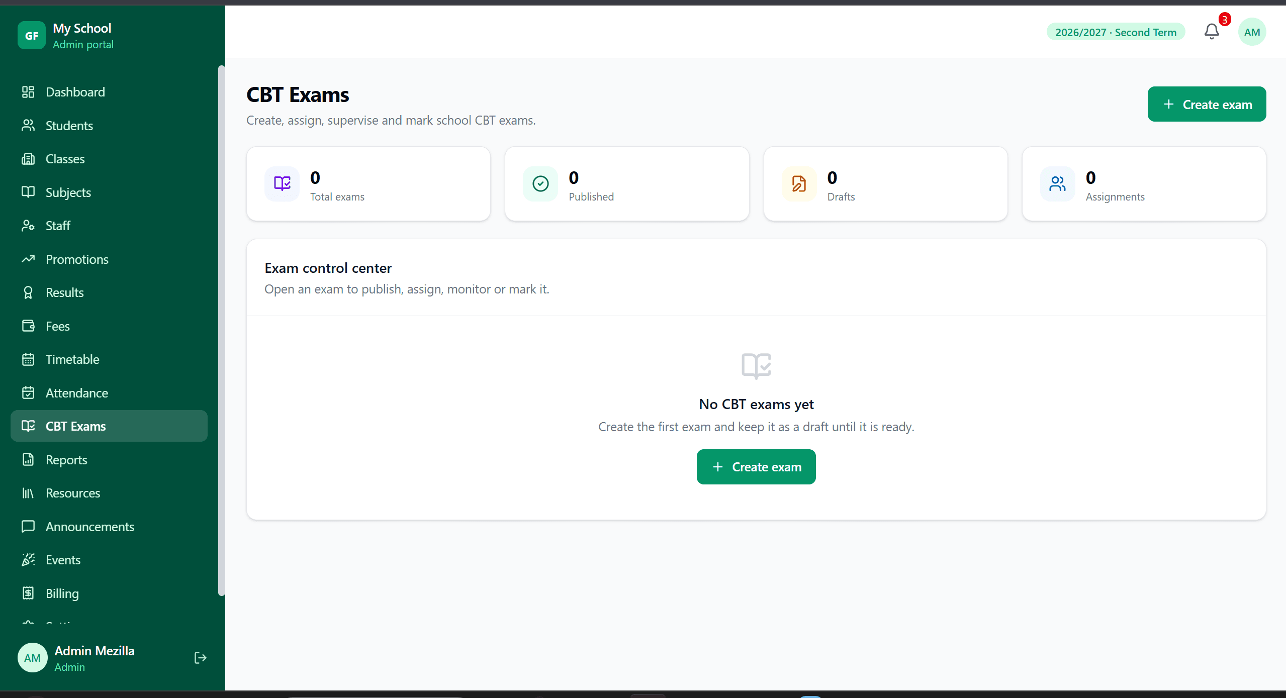 SkoolDrive web portal CBT Exams dashboard with exam creation, published and draft counts, and an exam control center