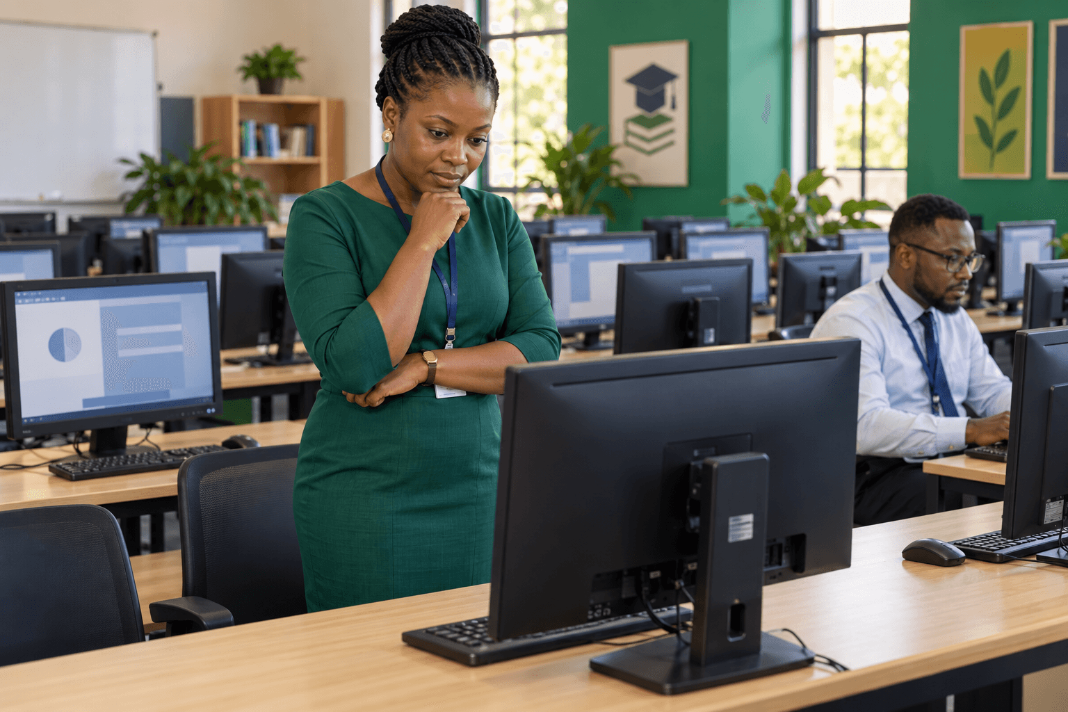 Teachers preparing desktop computers in a school computer laboratory