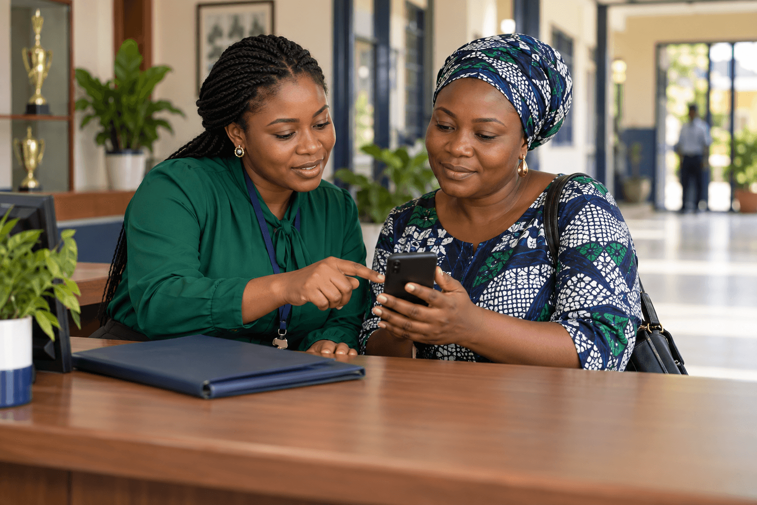 A teacher helping a parent use a smartphone at a school reception desk