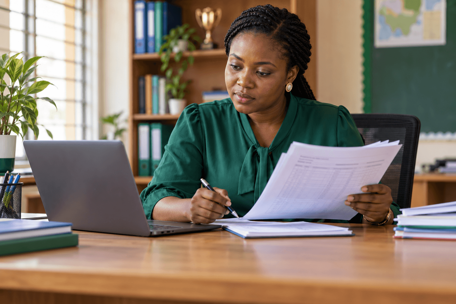 A teacher reviewing assessment papers beside a laptop in a school office