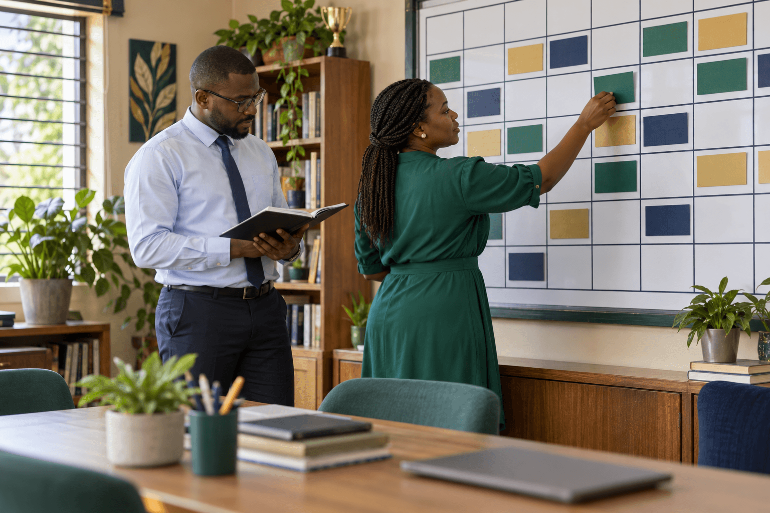 Two teachers arranging a weekly timetable on a school staffroom planning board
