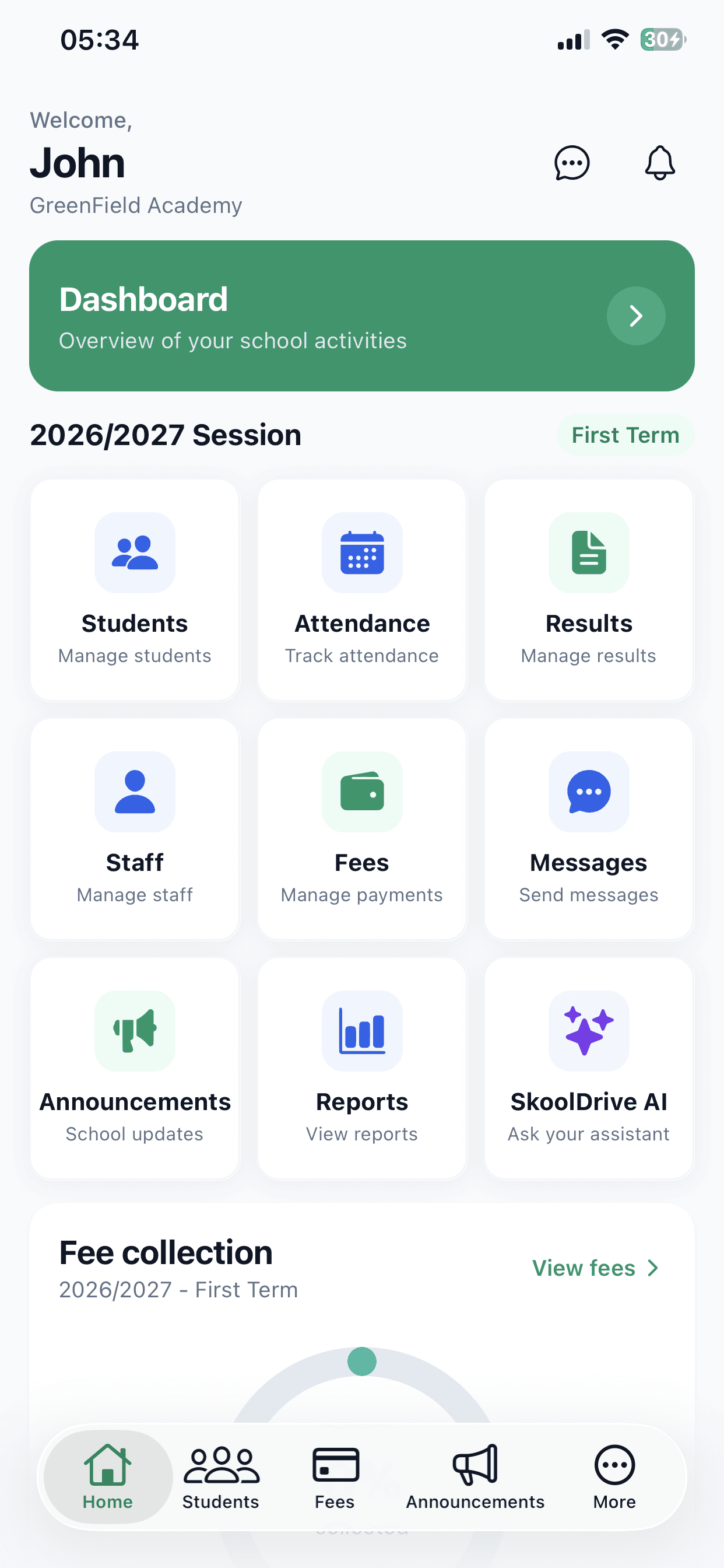 SkoolDrive administrator mobile app dashboard