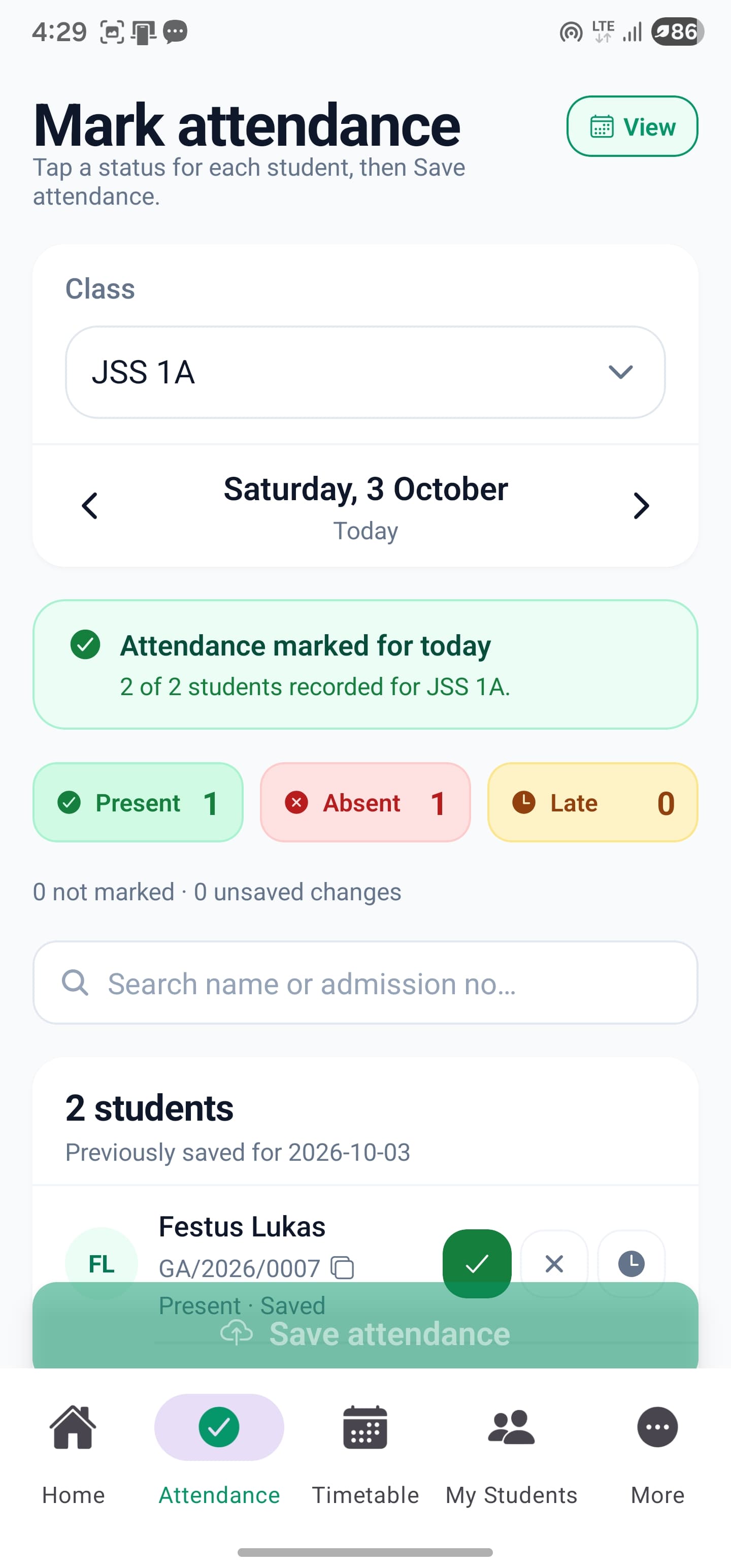 SkoolDrive attendance register with class and date selection, saved attendance and present, absent and late totals