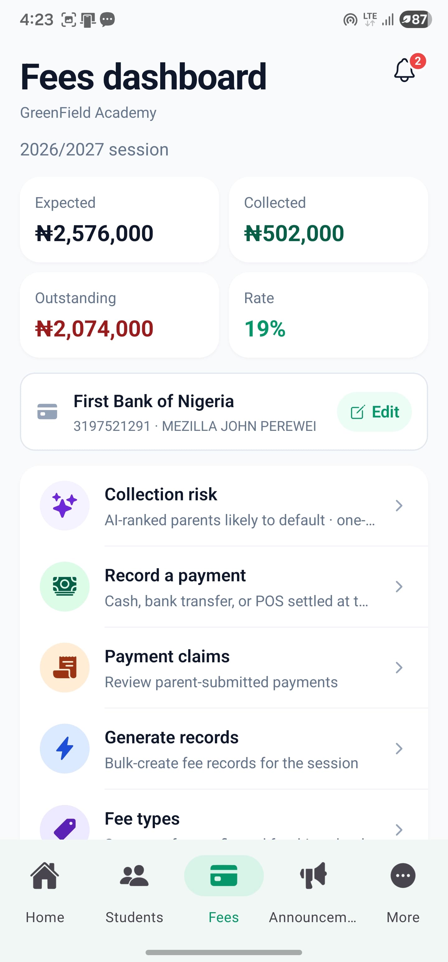 SkoolDrive fees dashboard showing expected fees, collected payments and outstanding balances