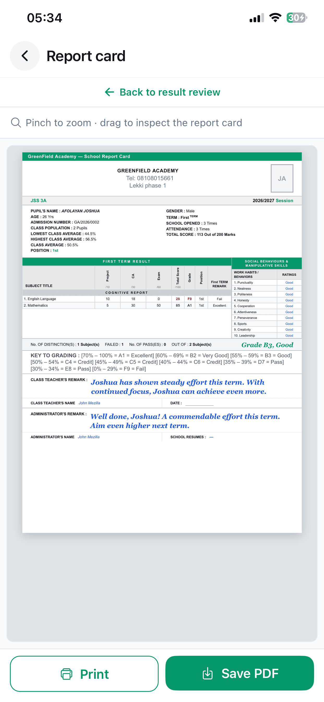 SkoolDrive report card preview with print and save PDF actions