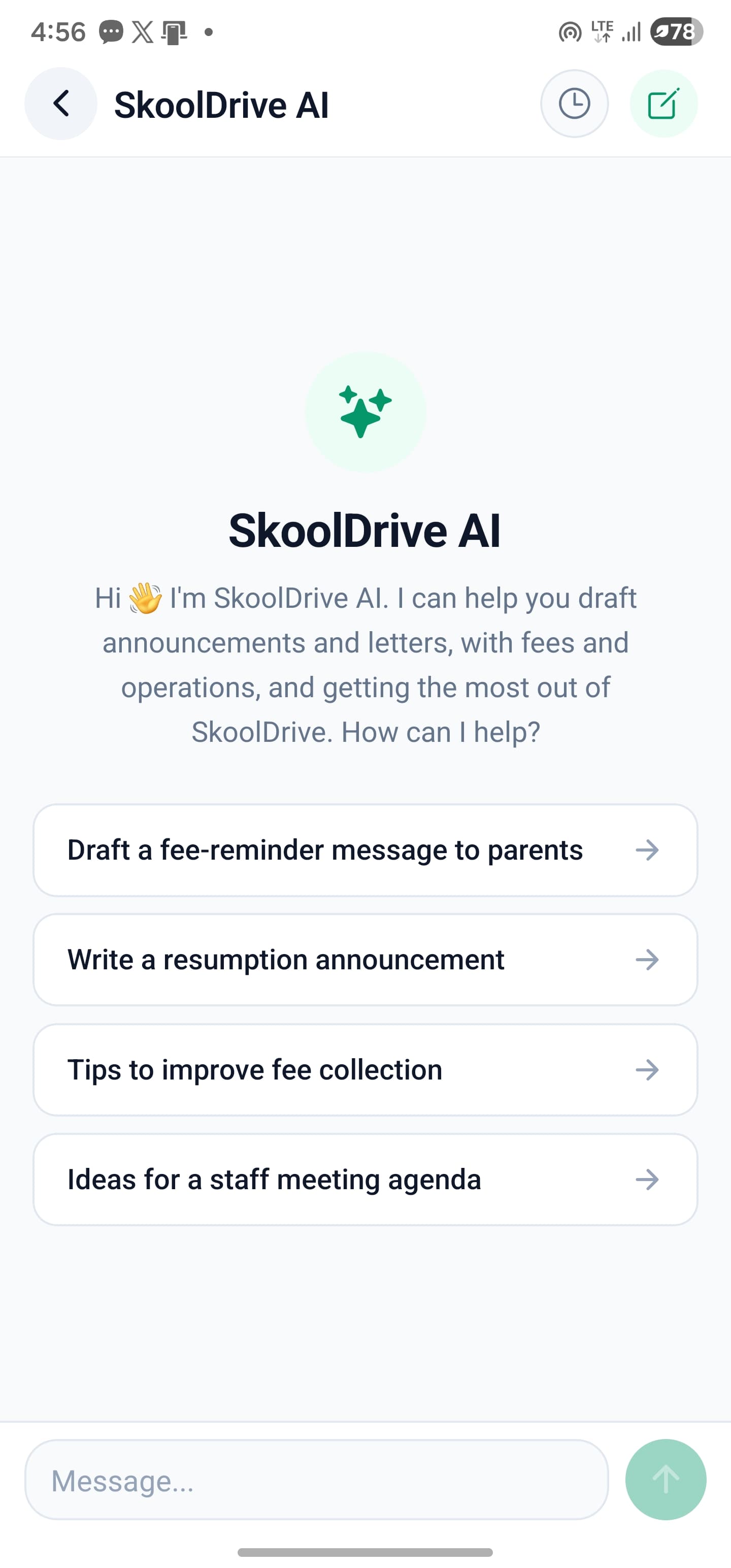 SkoolDrive AI assistant with suggested prompts for fee reminders, school announcements and staff meeting agendas