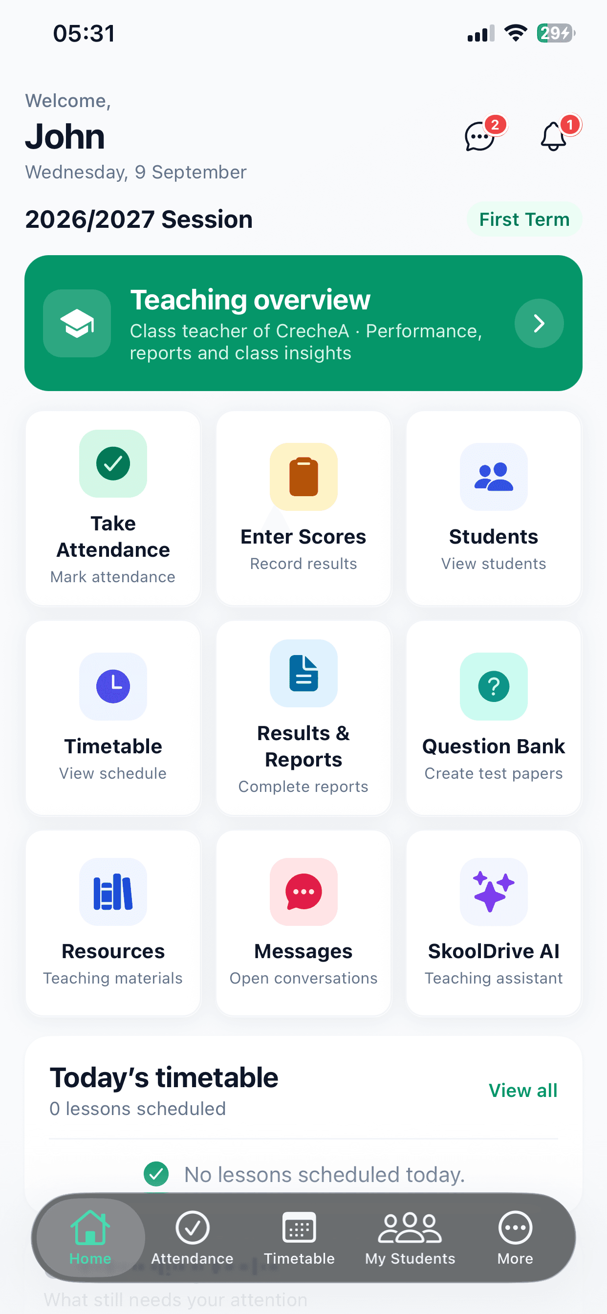 SkoolDrive teacher mobile app dashboard