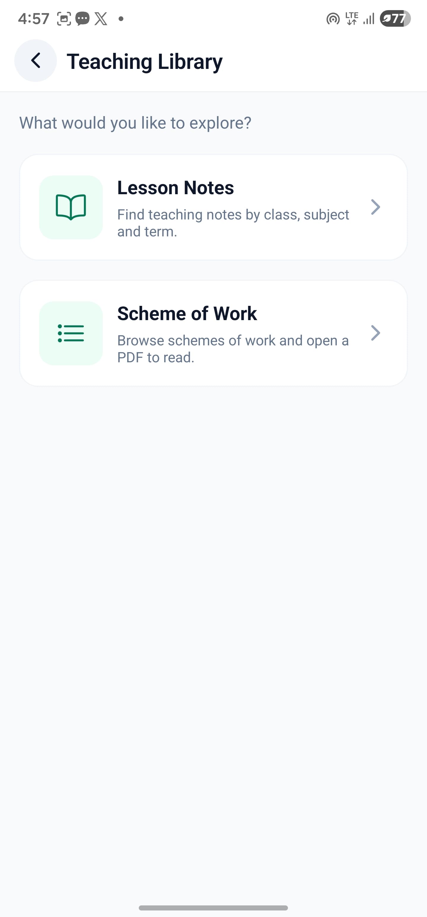 SkoolDrive Teaching Library screen with Lesson Notes and Scheme of Work sections