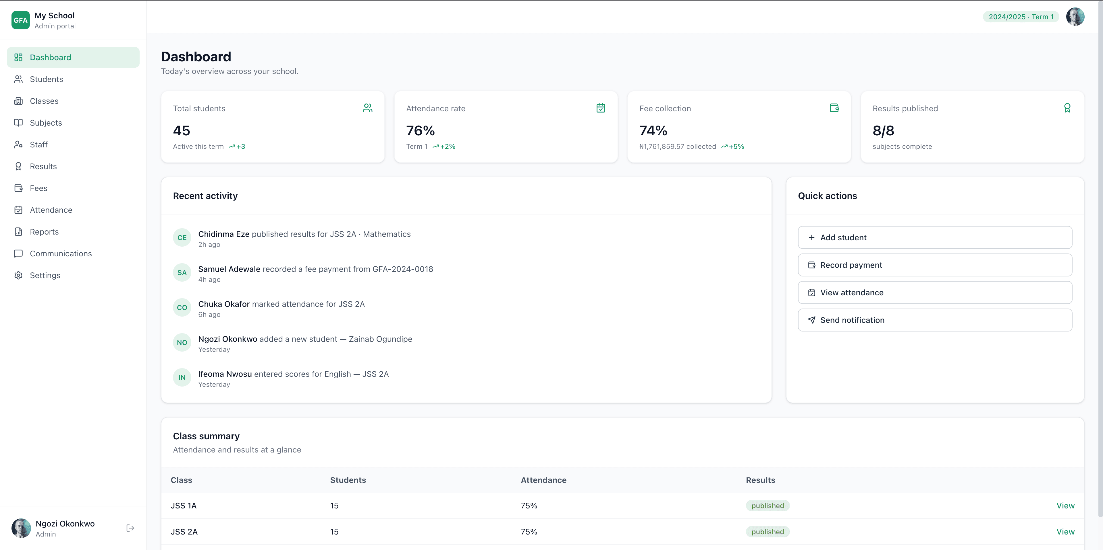 SkoolDrive school fees management dashboard showing payments and balances