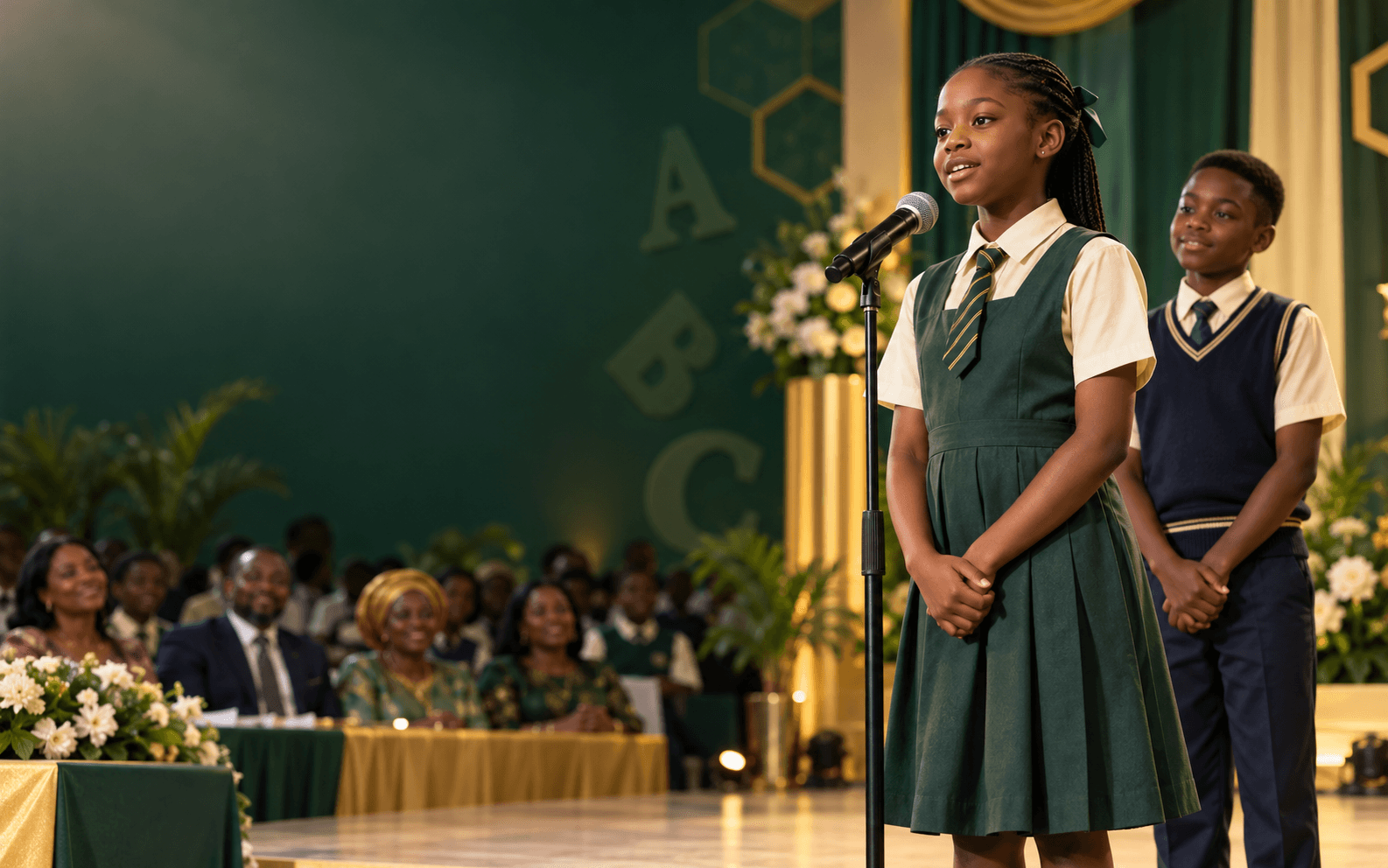 Primary school pupils taking part in a spelling bee on stage